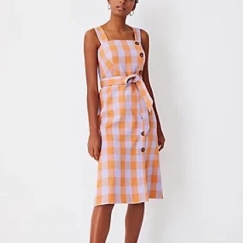 Ann Taylor Orange Purple Gingham Midi Dress Size 6 Office Career Professional